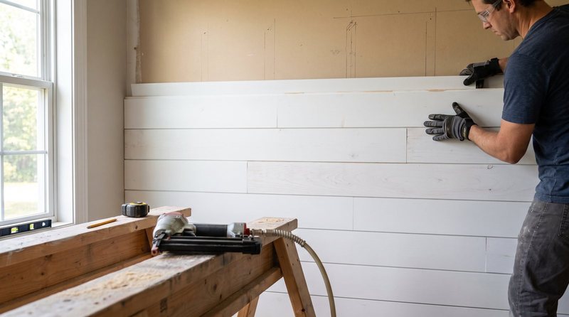 White shiplap wall partially installed showing staggered joints, with brad nailer on sawhorse in foreground