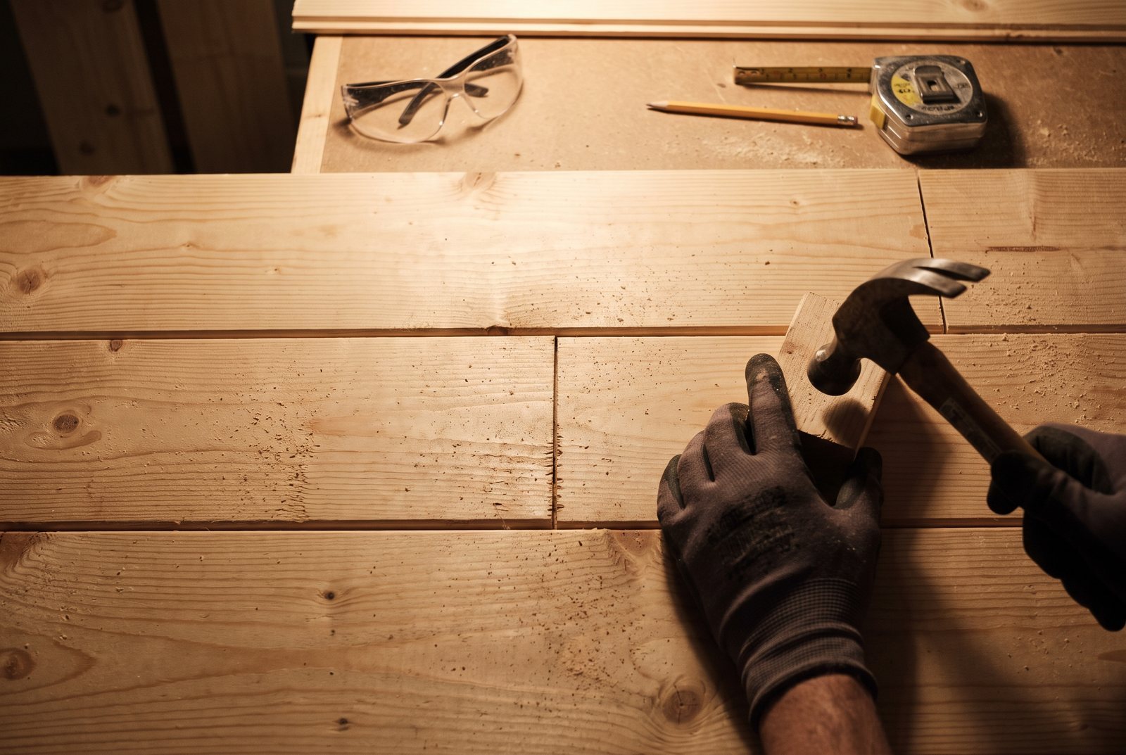 Close-up of three rows of shiplap showing staggered butt joints that do not align