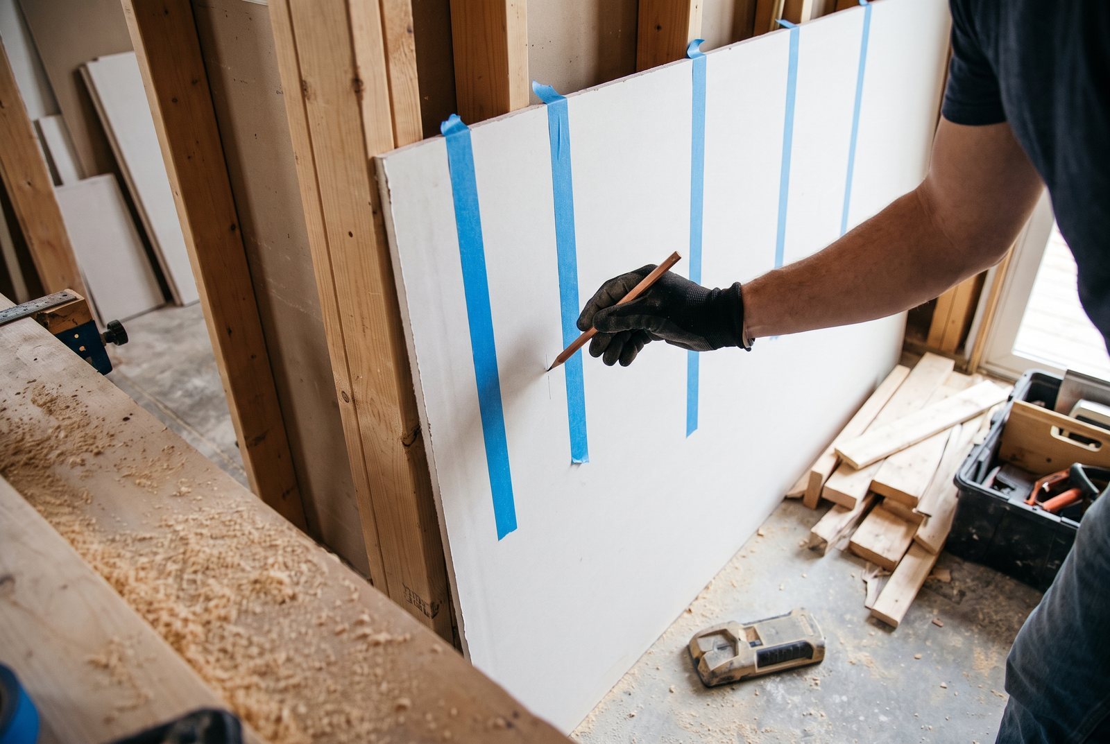 Hand marking wall stud locations with pencil and painter's tape before shiplap installation