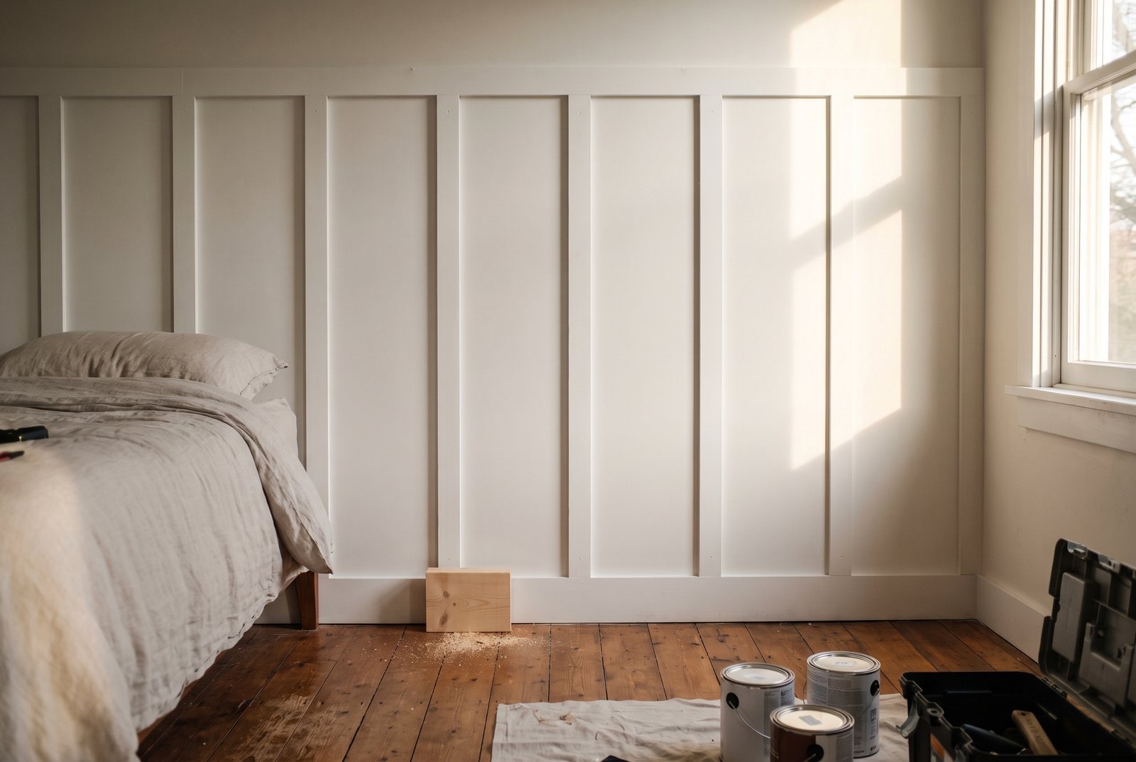 Finished white board-and-batten bedroom wall with even batten spacing and spacer block on floor