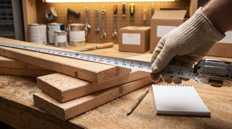 Tape measure stretched across stacked 2x4 lumber boards on a workshop bench with a pencil nearby
