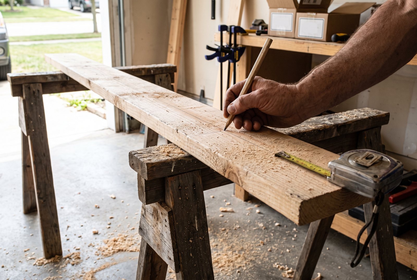 Hand marking cut lines with a pencil on a 2x4 board resting on sawhorses