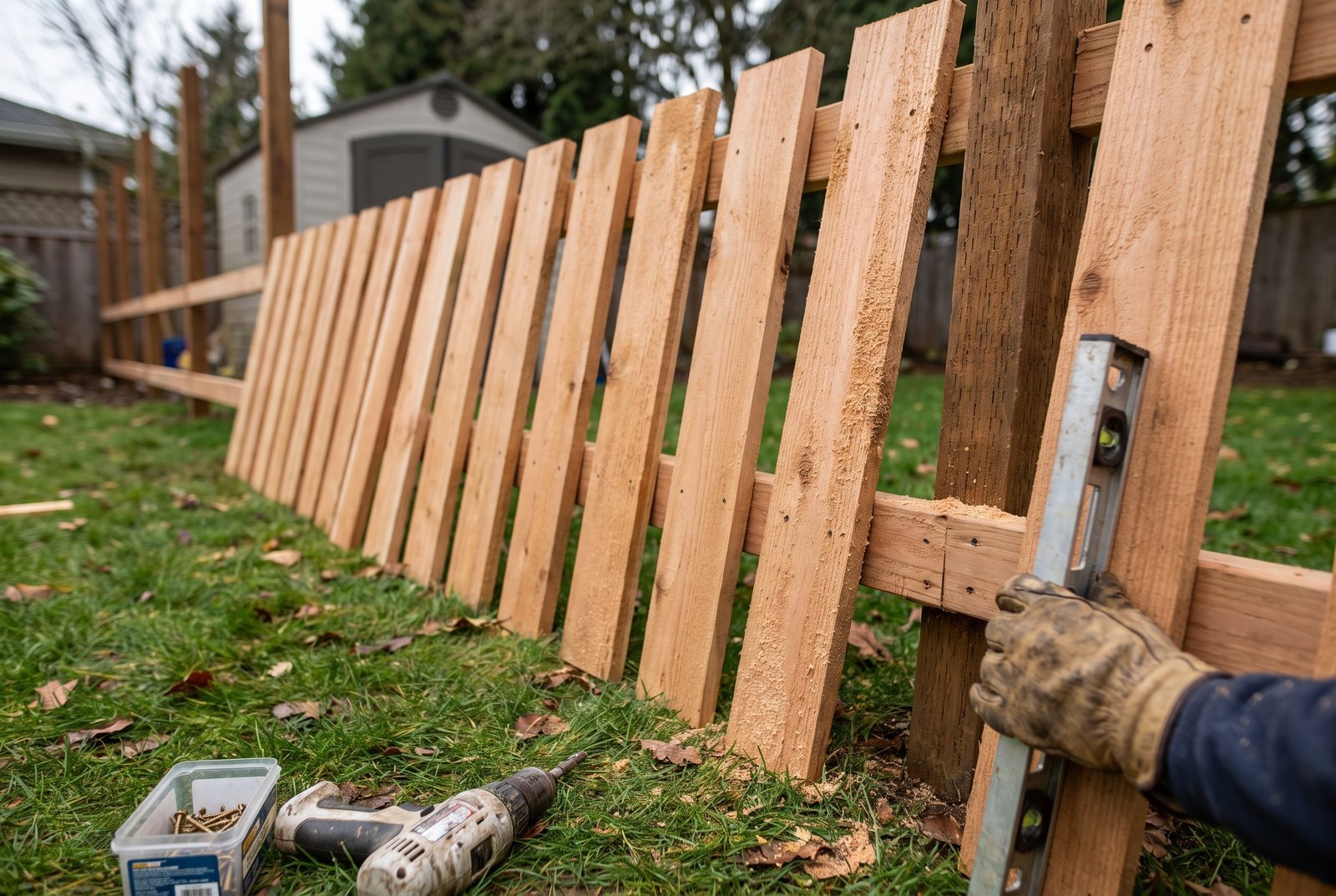 Cedar fence pickets leaning against a fence rail in a backyard