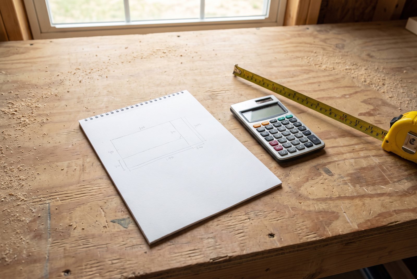 Hand-drawn cut list on paper next to a calculator and tape measure on a plywood surface