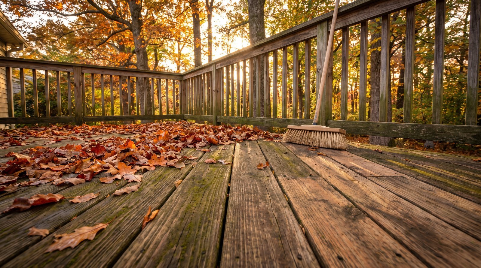 Weathered wood deck in autumn with scattered fallen leaves and a push broom leaning against the railing