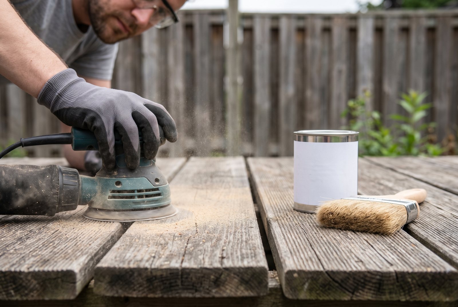 Random orbital sander on a wood deck board with deck stain and brush nearby