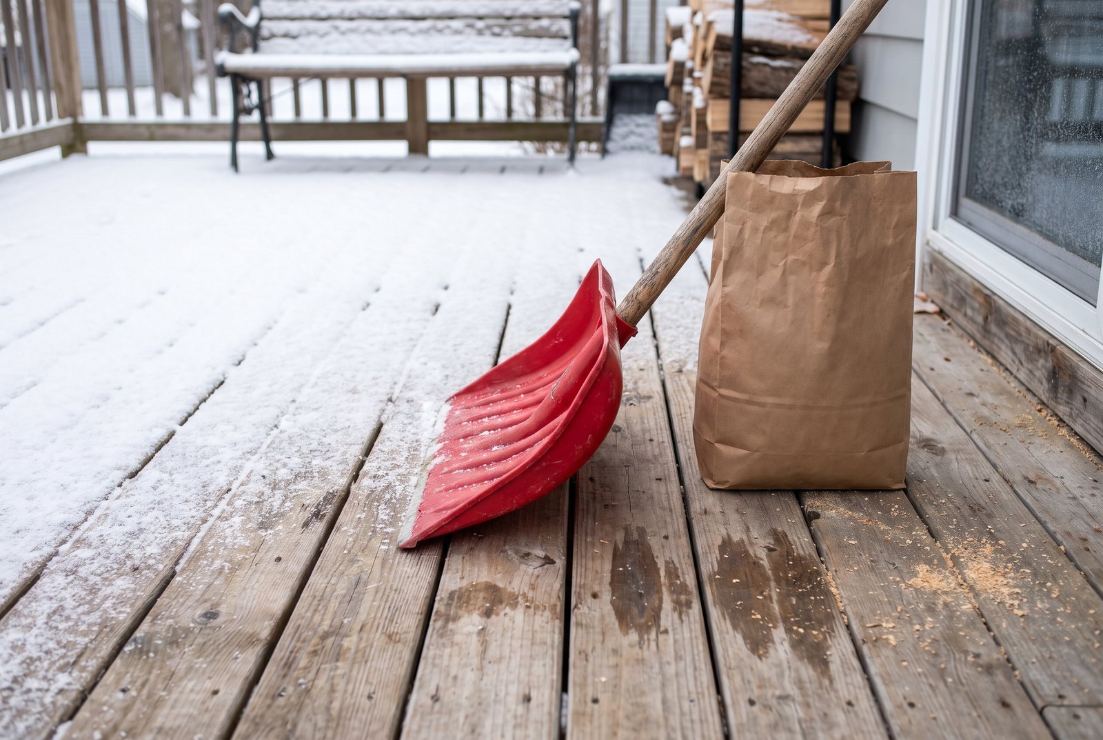 Plastic snow shovel and calcium chloride ice melt on a lightly snow-dusted wood deck