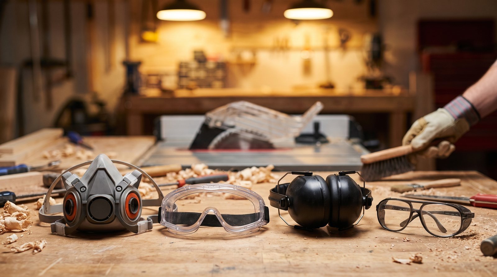 Respirator, safety goggles, earmuffs, and safety glasses arranged on a woodworking bench in a garage shop
