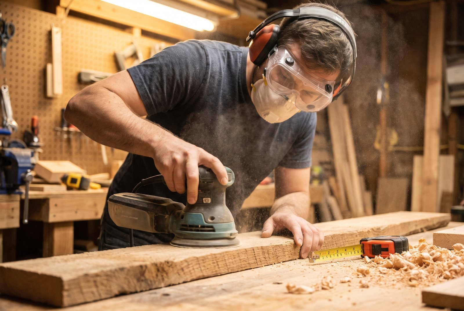 Person wearing sealed safety goggles while power sanding wood on a workbench with visible dust in the air