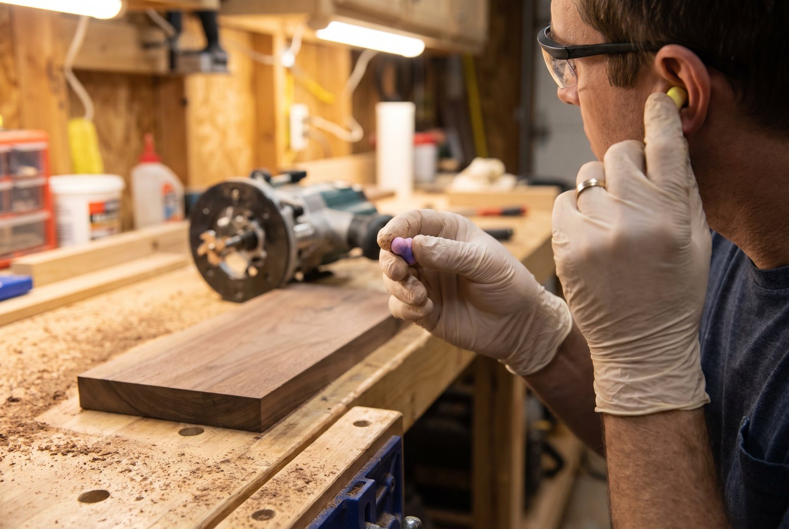 Hands inserting a foam earplug with a router and hardwood piece on a workbench in the background
