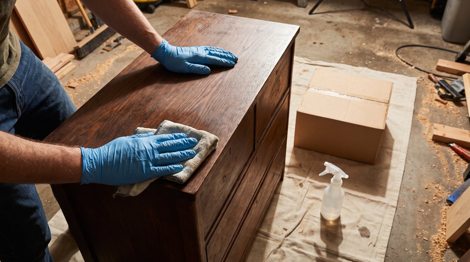 Hands in blue gloves wiping a wooden dresser surface with a damp rag next to a box of TSP substitute