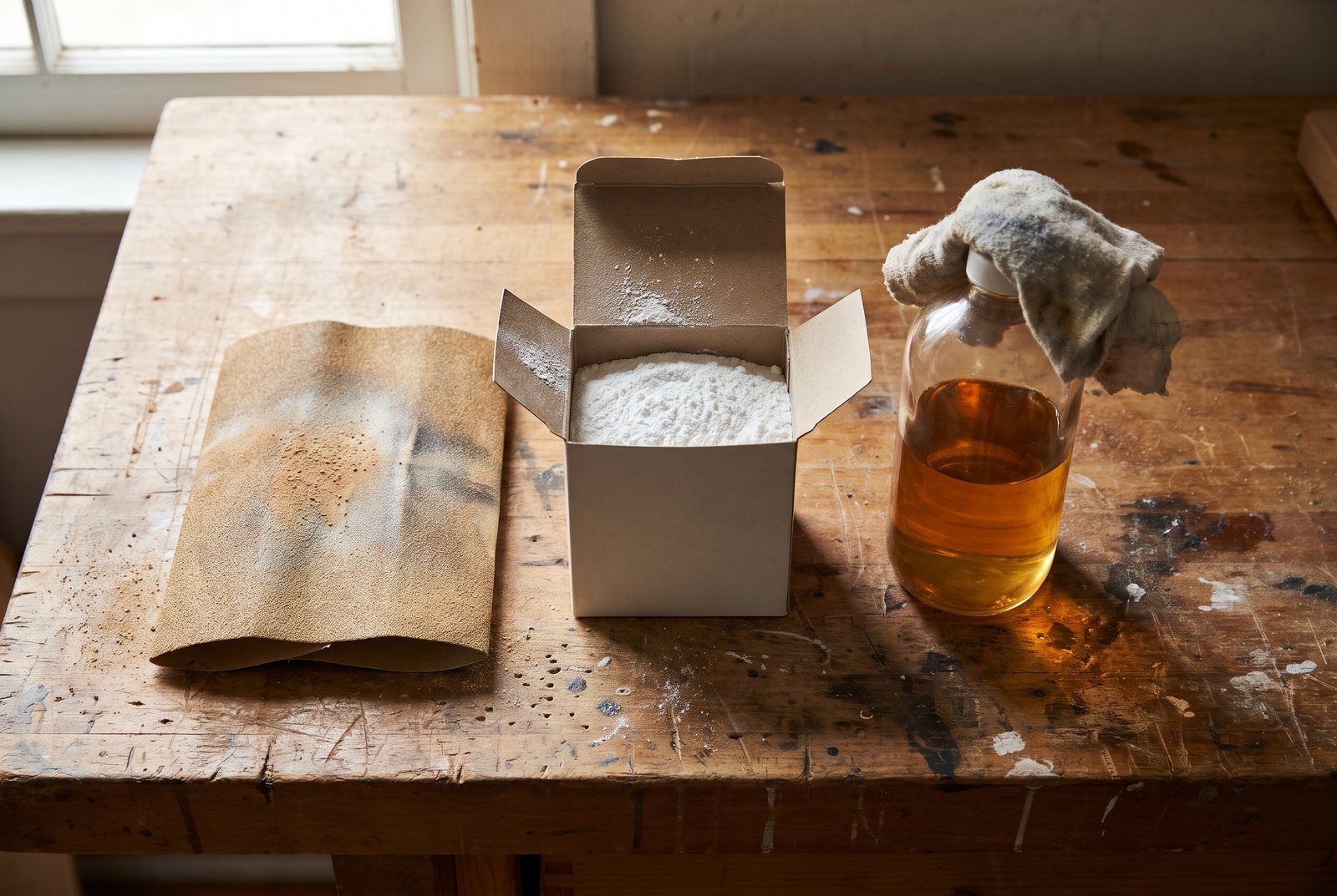 Sandpaper, powdered TSP substitute, and a bottle of liquid deglosser arranged on a workbench
