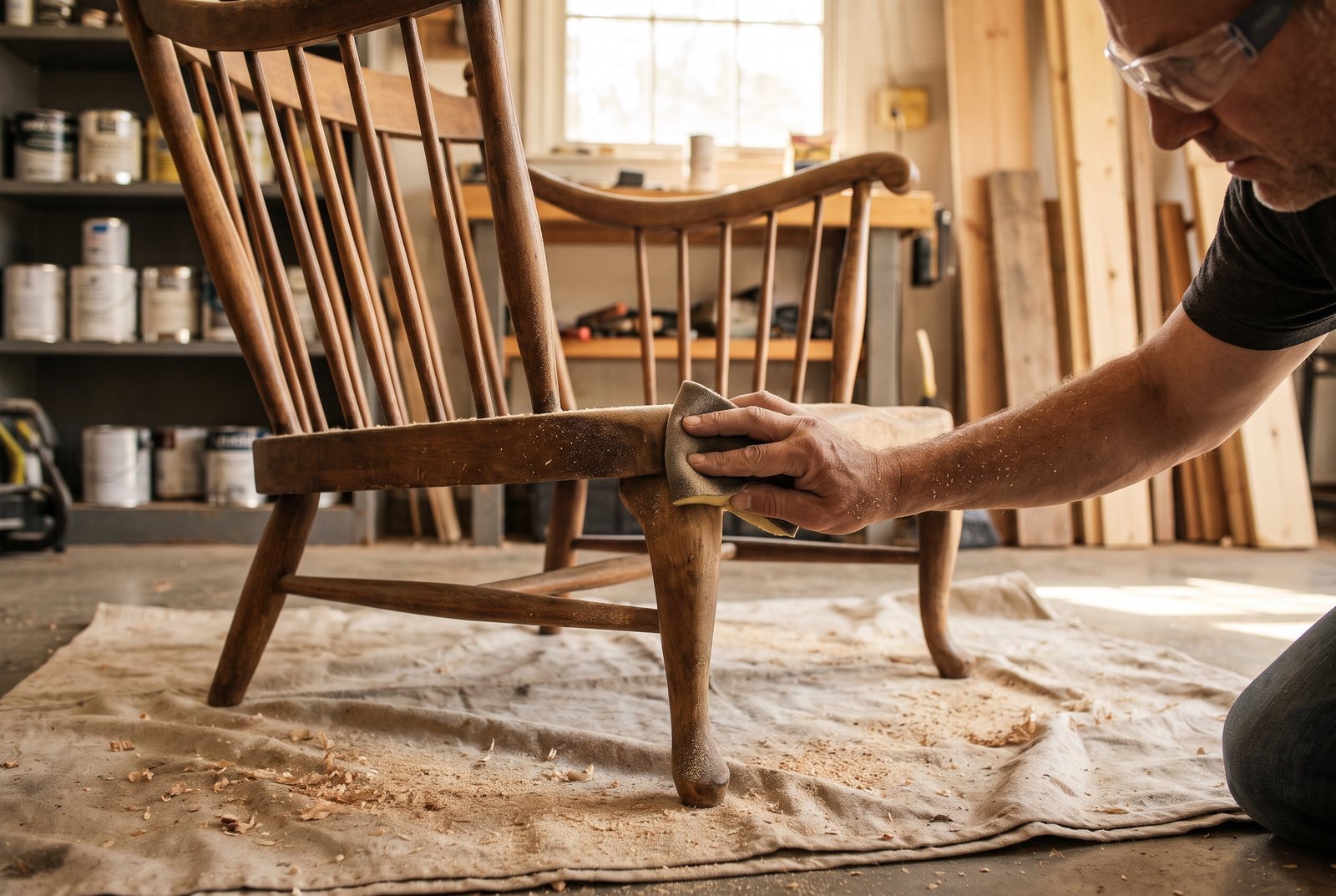 Hand sanding a curved wooden chair spindle with a sanding sponge