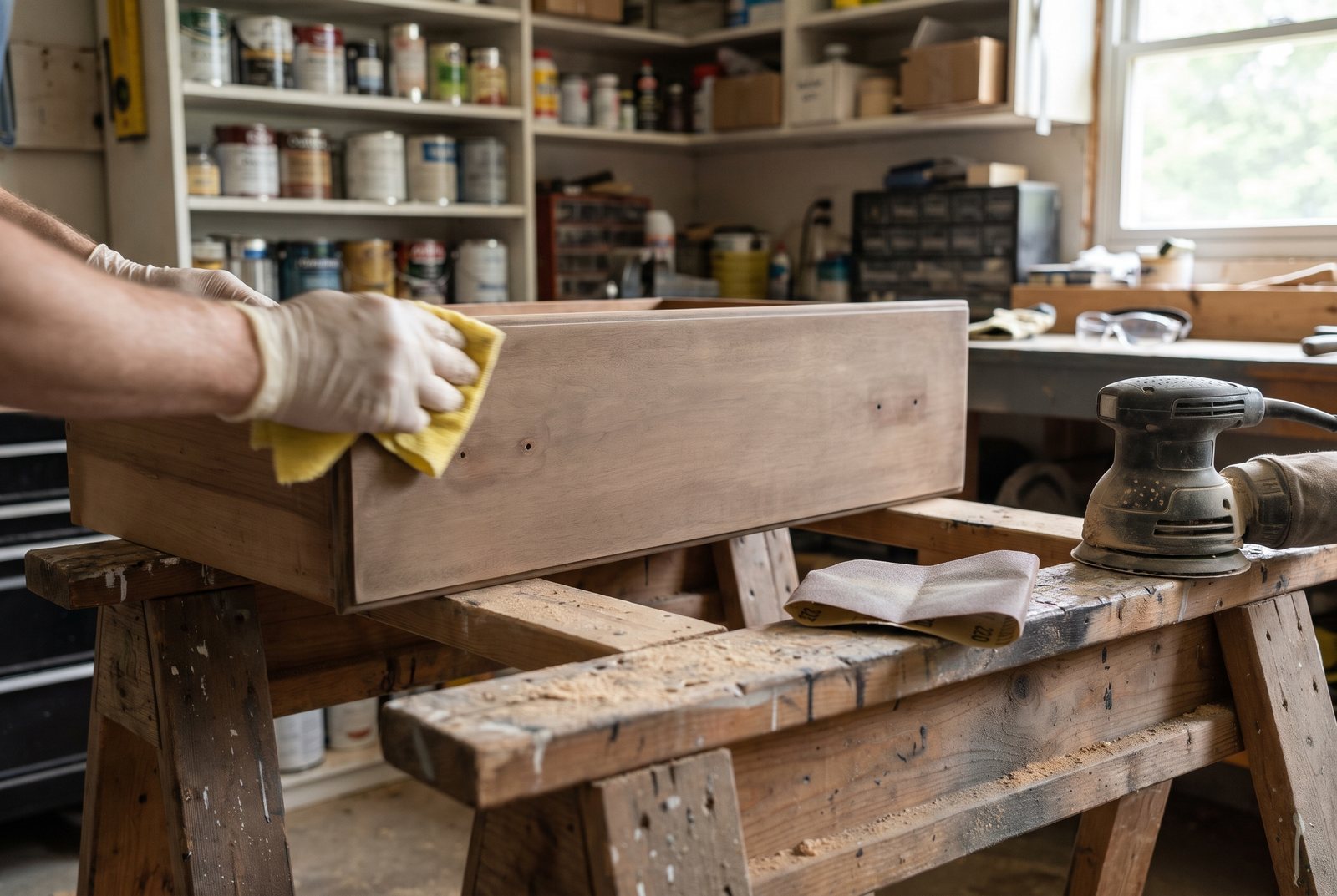 Scuff-sanded dresser drawer front on sawhorses with tack cloth and used sandpaper nearby