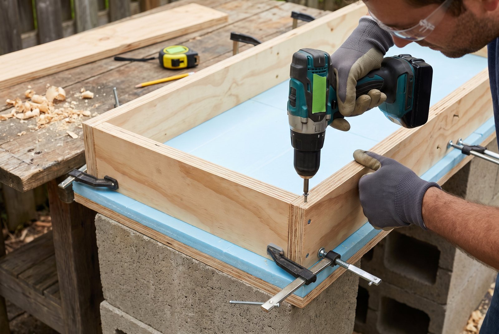 Wooden formwork mold with plywood sides and insulation board base clamped together on a block wall