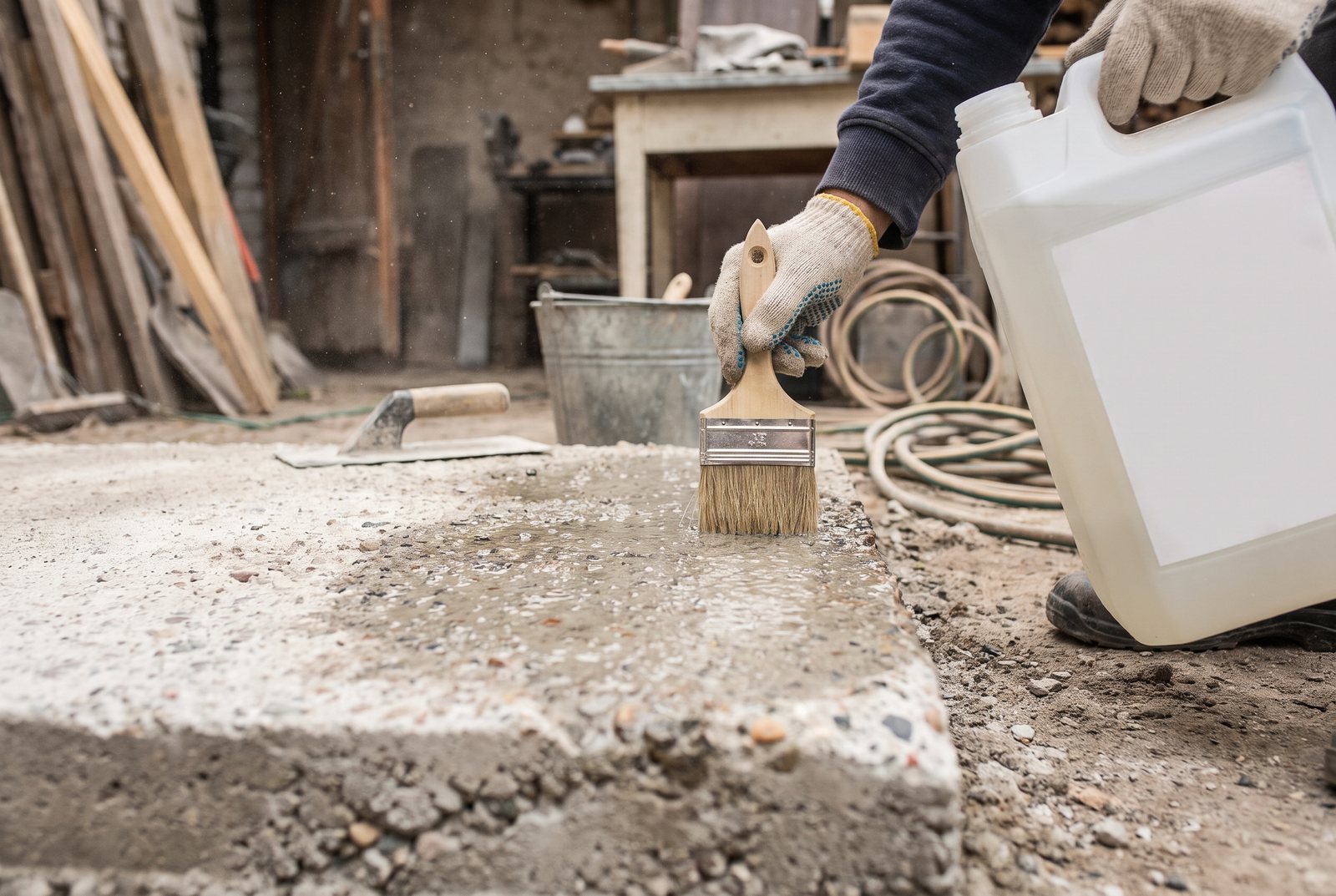 Paintbrush applying liquid concrete hardener to a ground concrete countertop surface outdoors