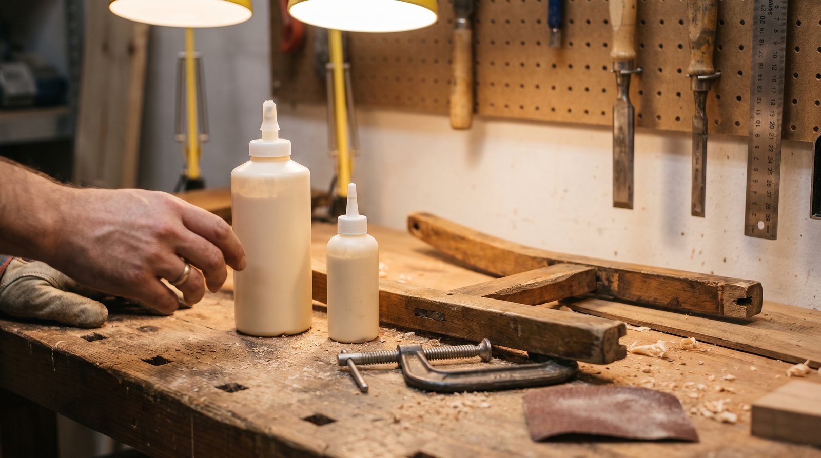 Two bottles of glue beside a disassembled wooden chair joint, clamp, and sandpaper on a workbench