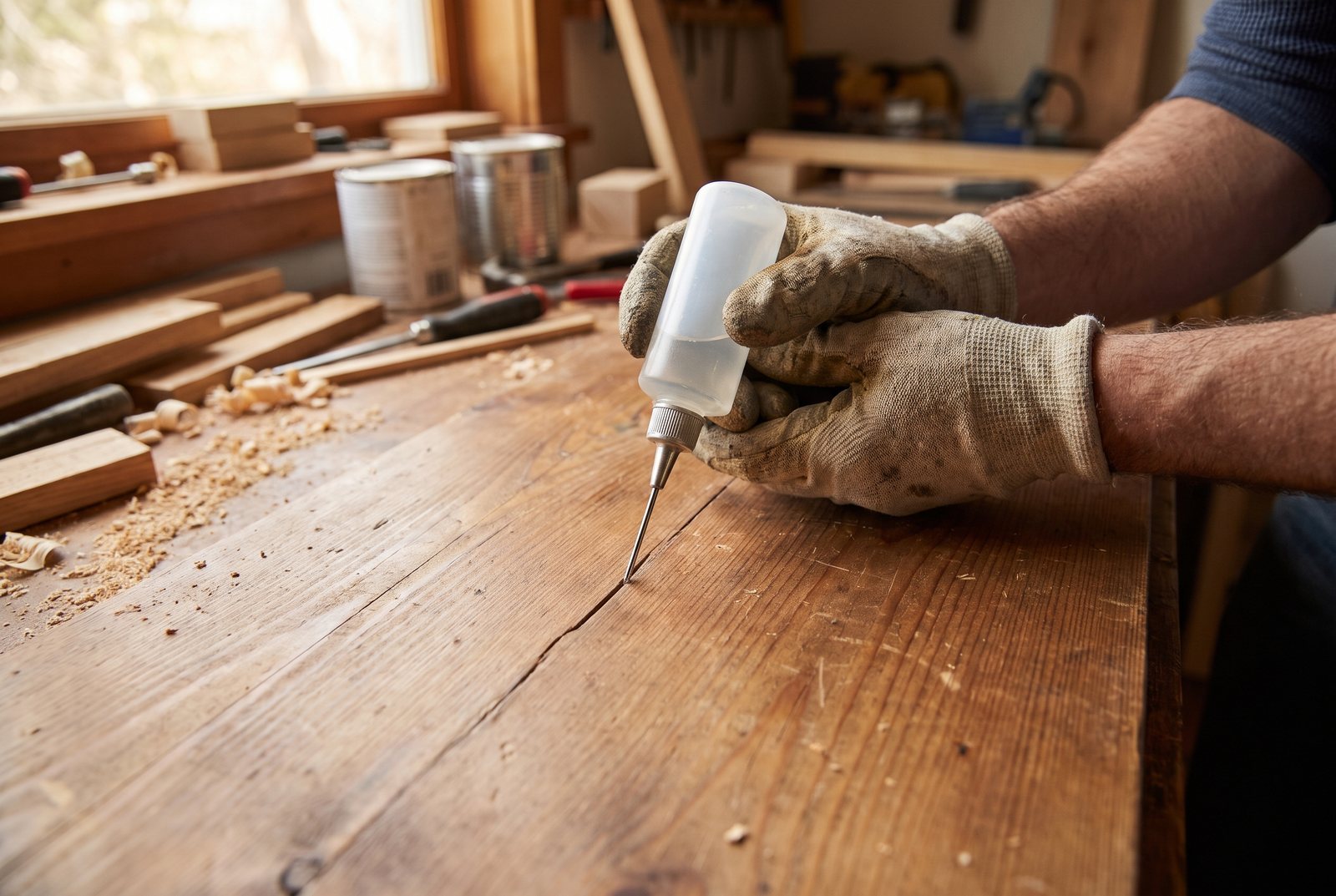 Hands applying thin CA glue from a needle-tip bottle into a hairline crack on a wooden tabletop