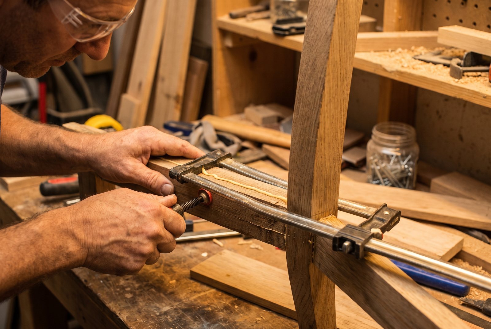 Hands clamping a wooden chair stretcher joint with visible glue squeeze-out along the seam