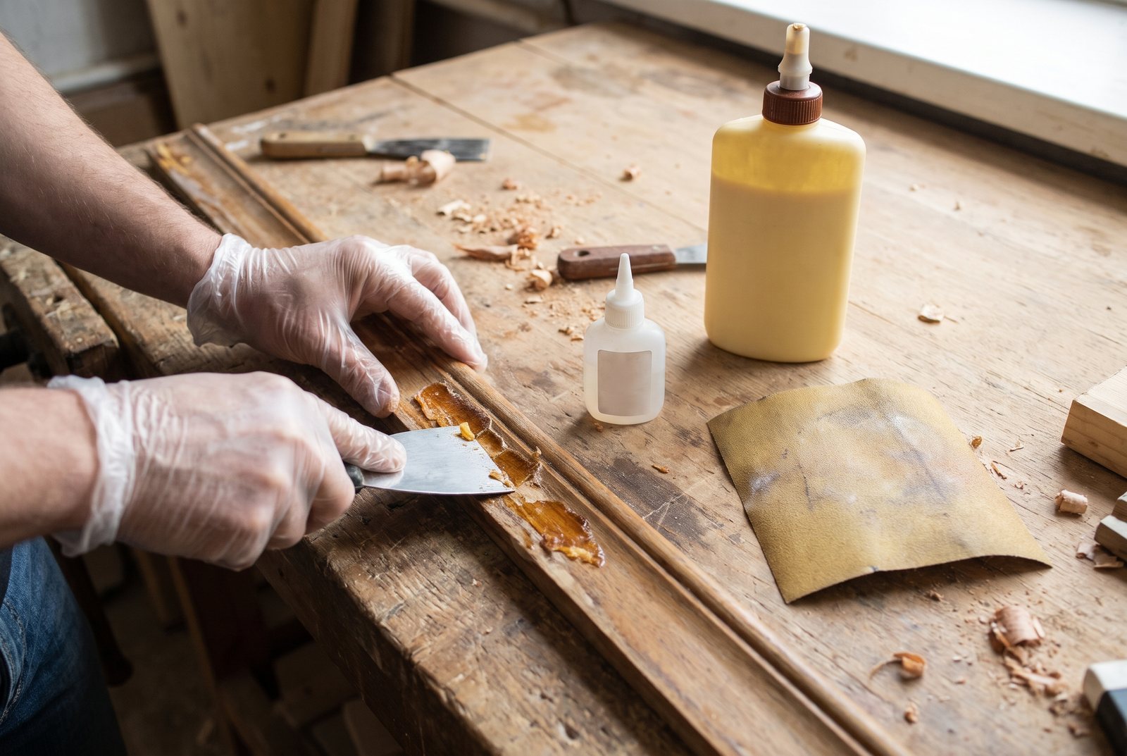Workbench with CA glue, wood glue, putty knife, sandpaper, and a furniture part being cleaned of old glue