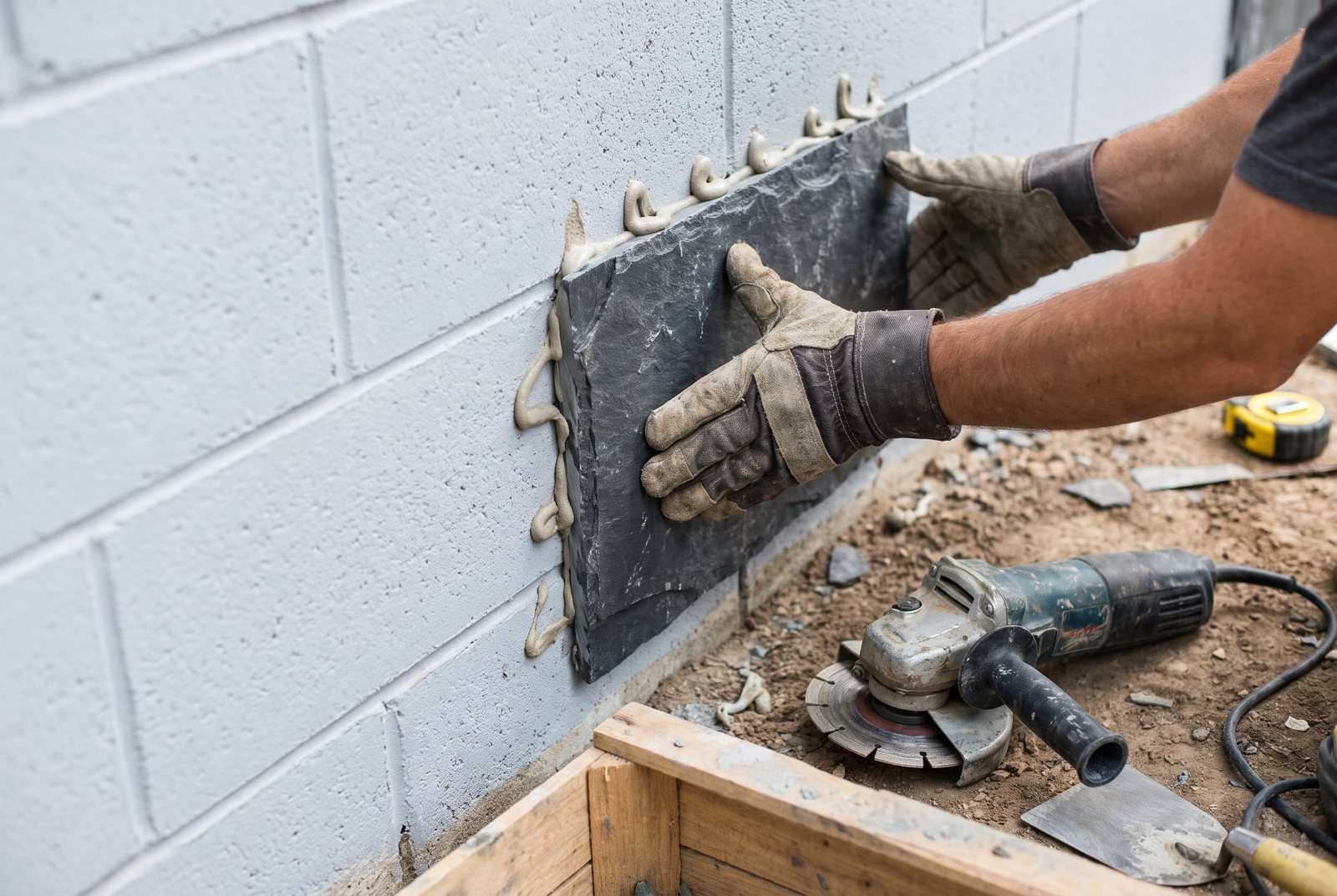 Pressing a slate veneer tile with adhesive beads onto a primed block wall