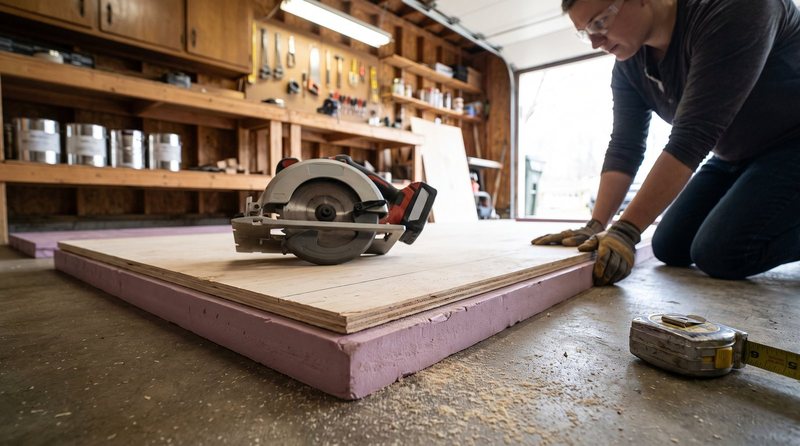 Sheet of plywood supported on rigid foam insulation on a garage floor with a circular saw resting on top