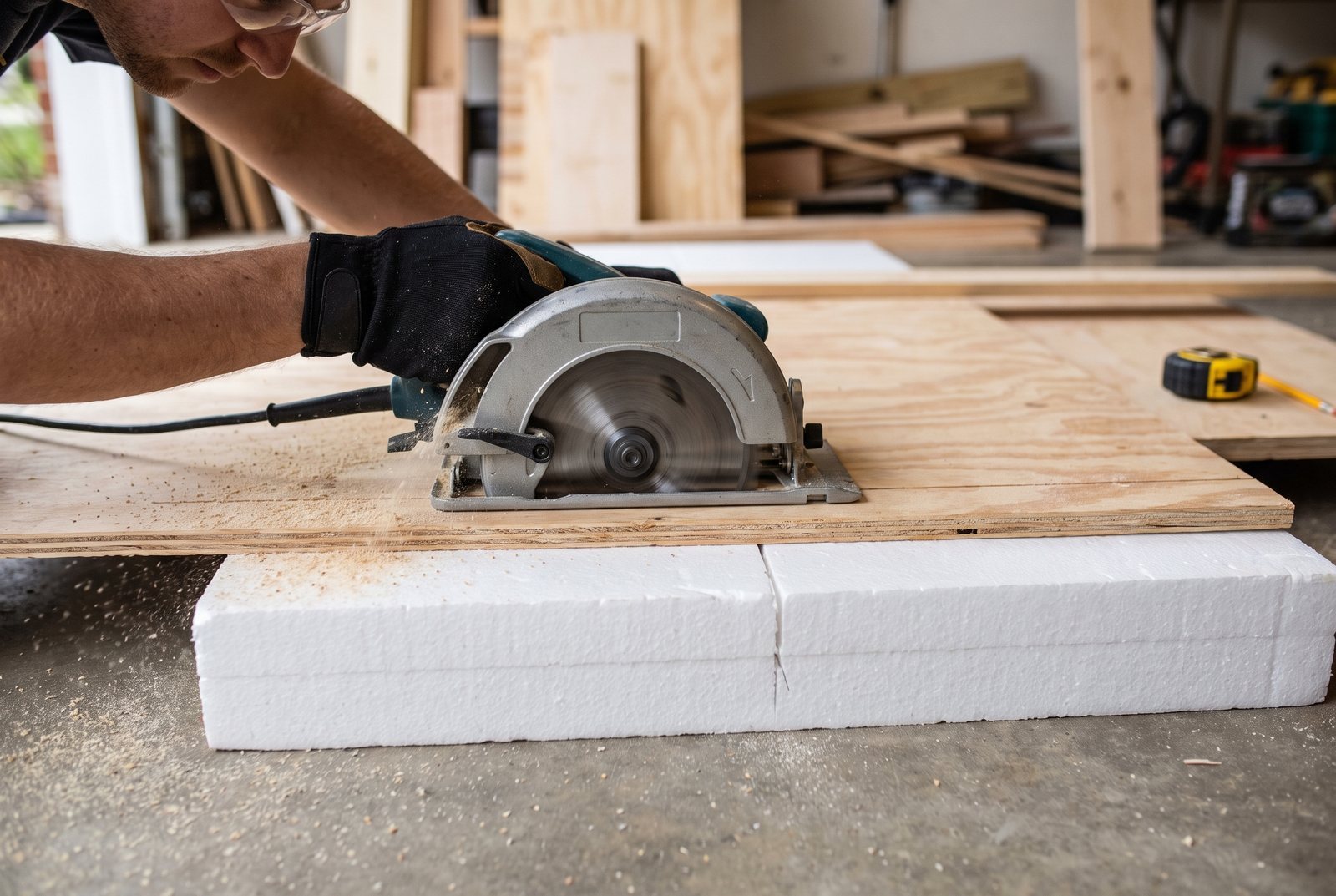 Circular saw cutting through plywood on a foam insulation board with sawdust around the cut line