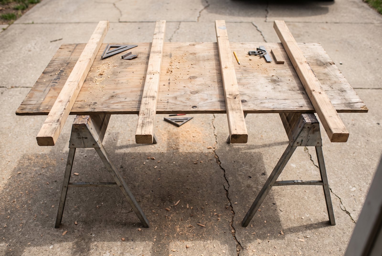 Plywood sheet supported by evenly spaced 2x4 rails across two steel sawhorses on a driveway