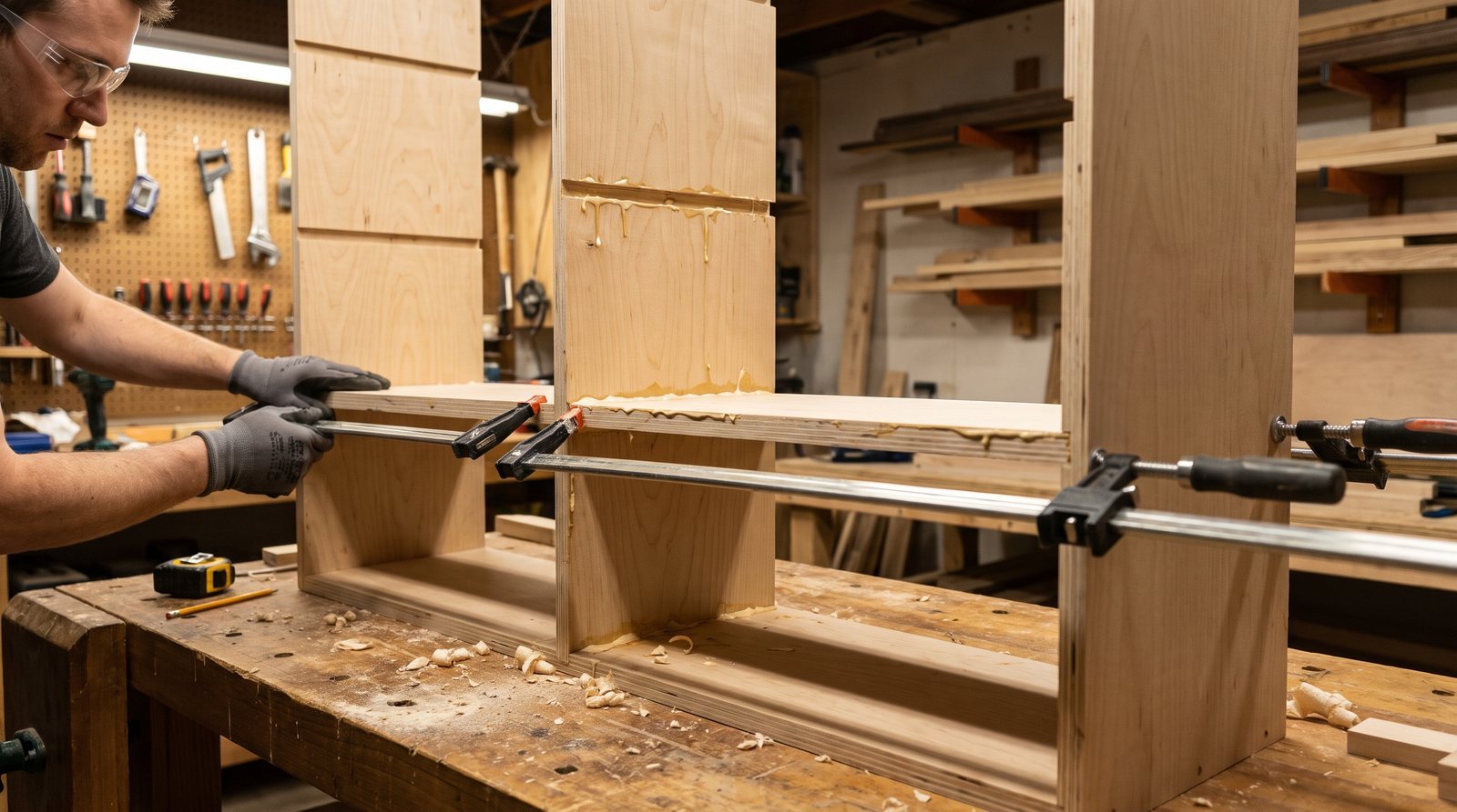 Partially assembled plywood bookcase with a fixed shelf clamped into dado joints in a workshop