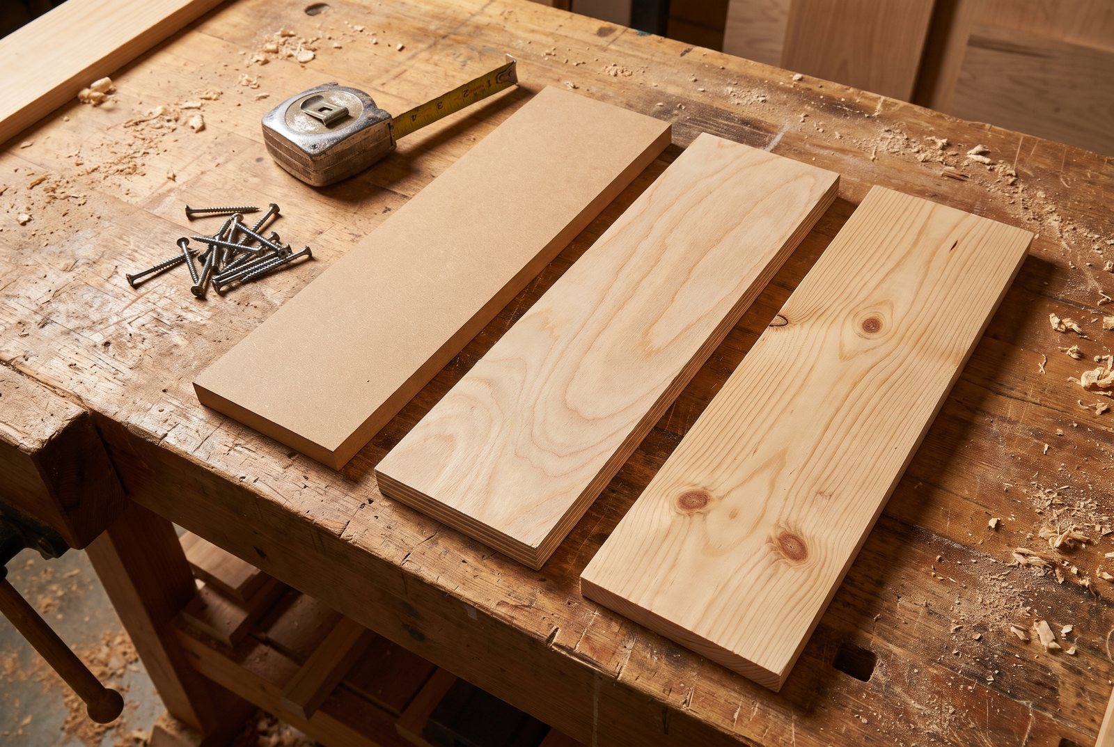 Three shelf material samples on a workbench: MDF, birch plywood, and pine board with a tape measure