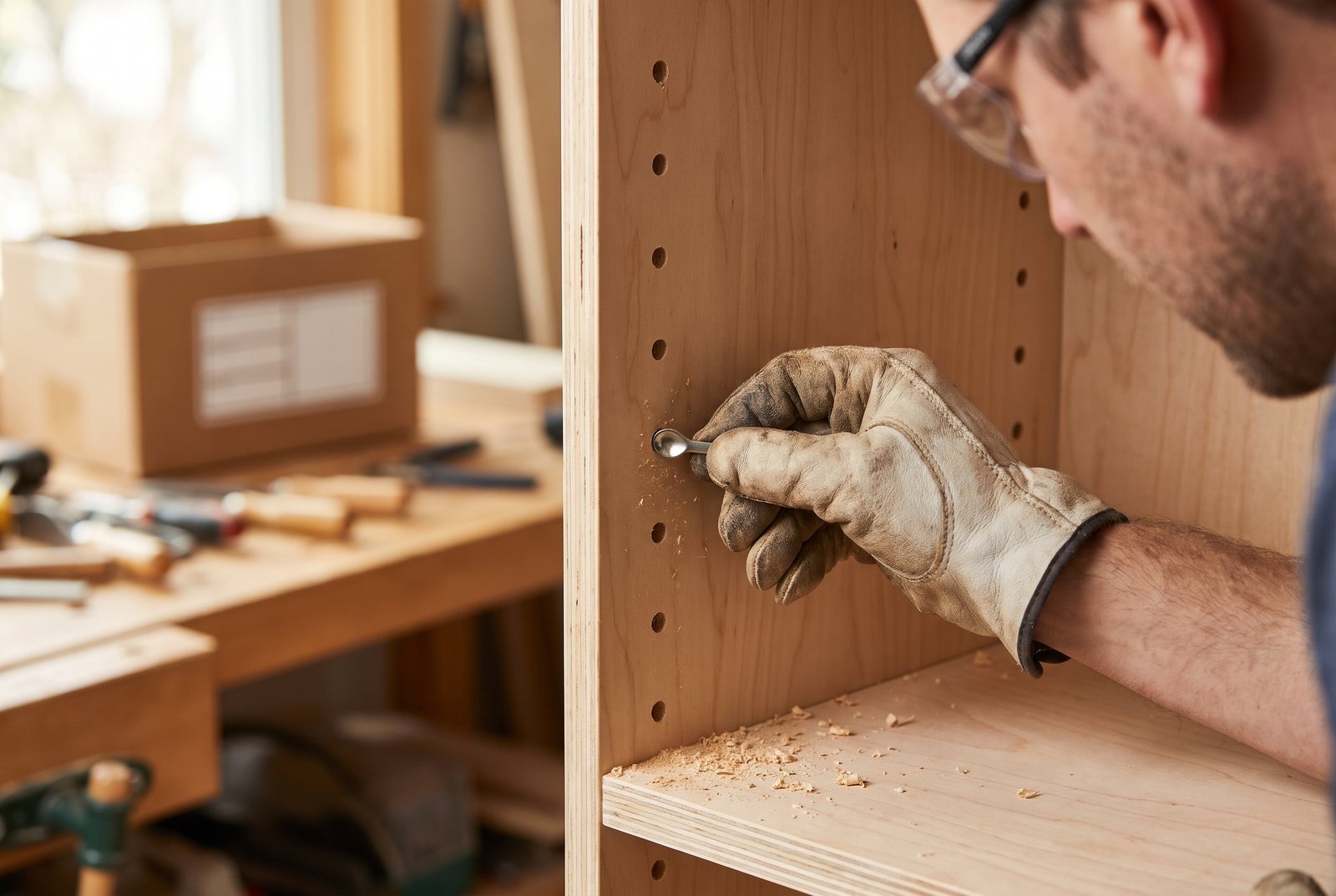 Hand inserting a metal shelf pin into a drilled hole in a plywood cabinet side panel