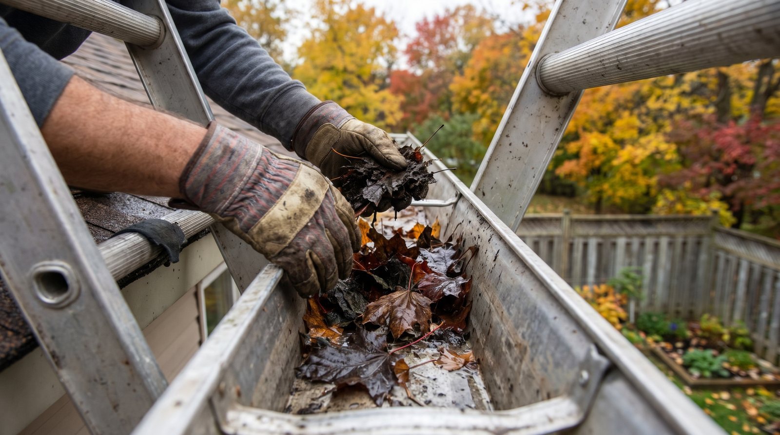 Gloved hands cleaning leaves out of a home gutter with fall foliage in the background