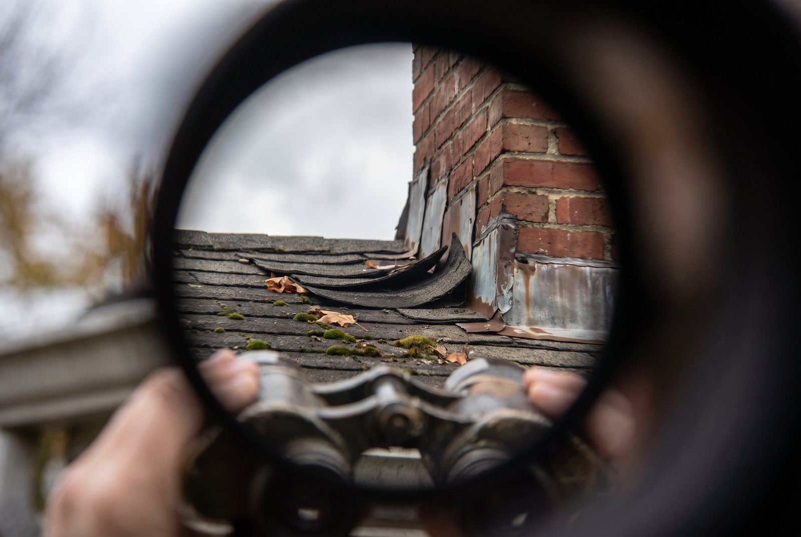 Residential roofline with asphalt shingles and chimney flashing viewed from ground level