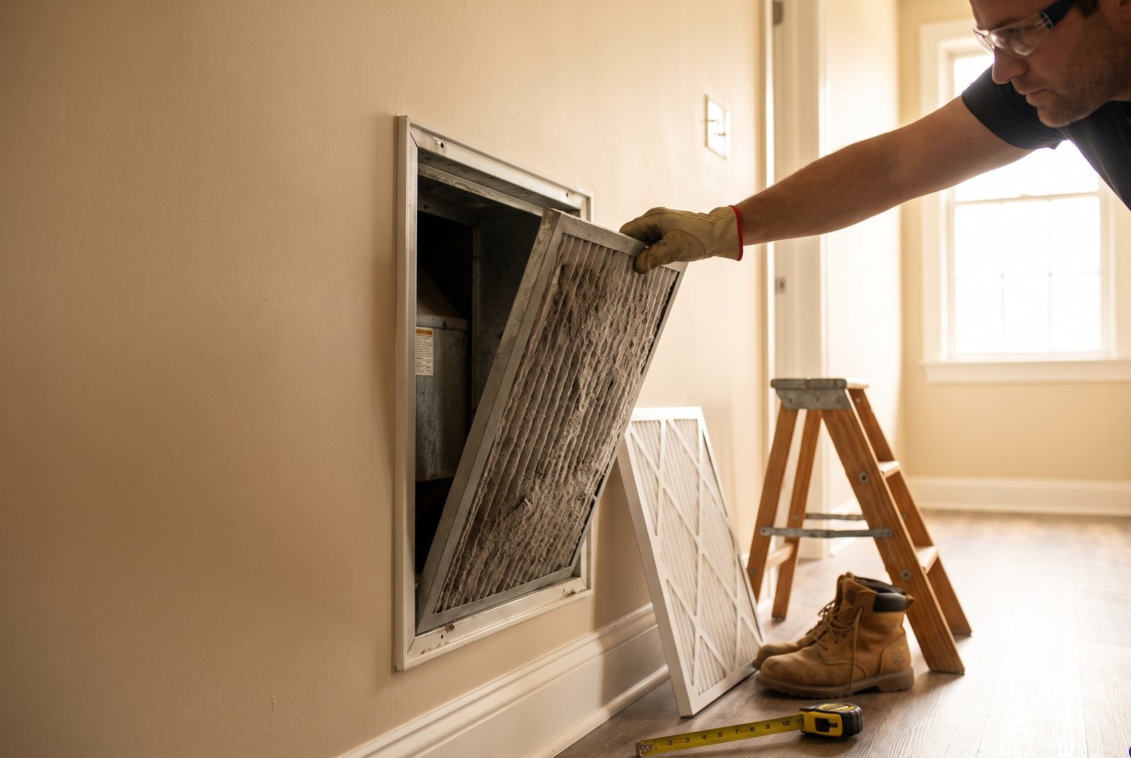 Dirty furnace filter being removed from a wall return vent with a clean replacement nearby