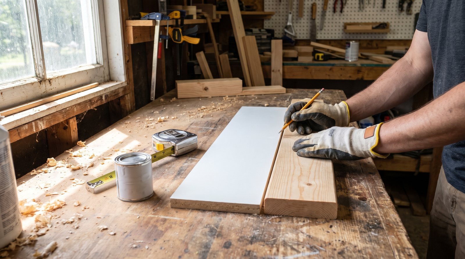 Primed MDF board and raw pine board side by side on a workbench with a tape measure and primer