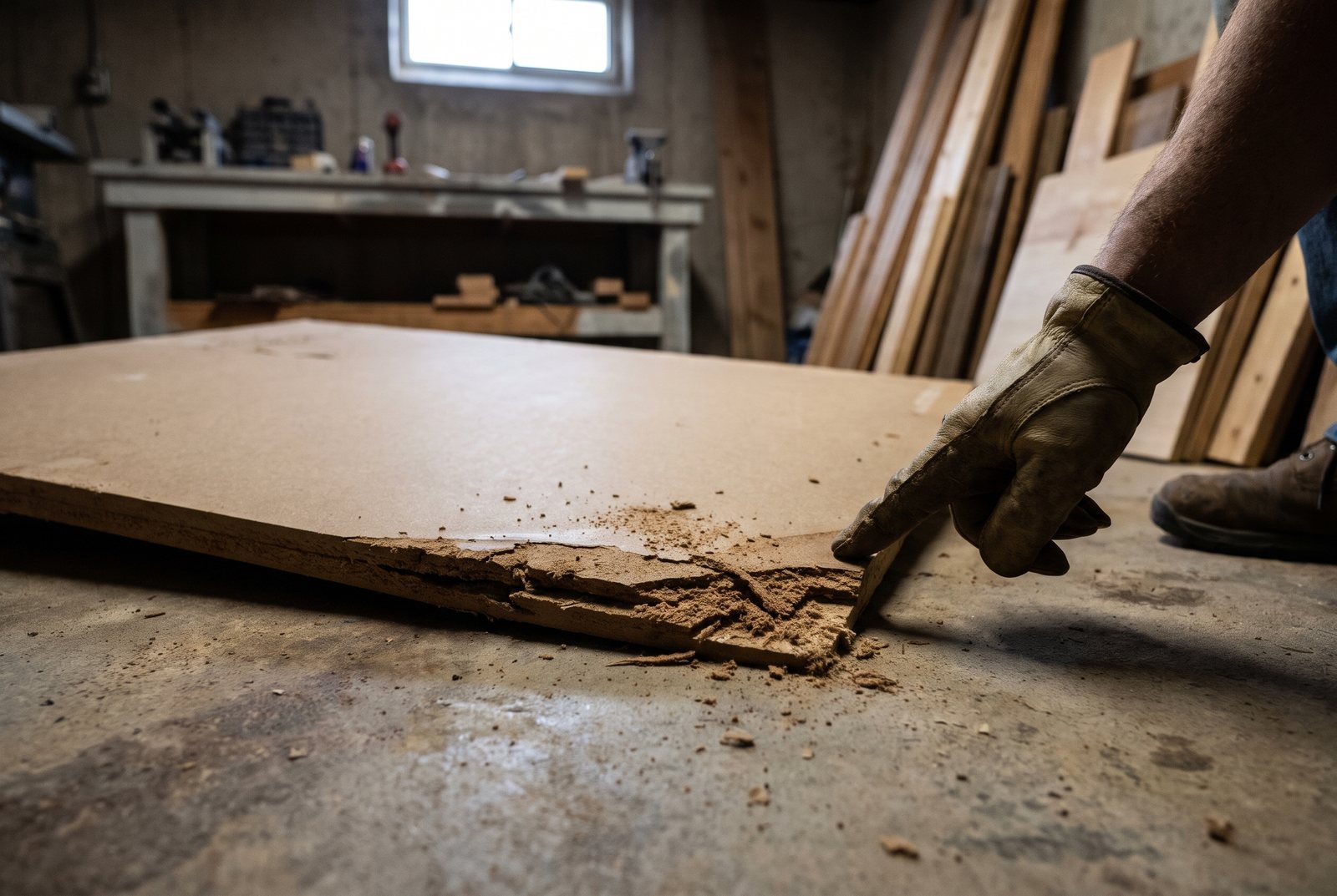 Swollen and damaged MDF board edge showing moisture damage on a concrete floor