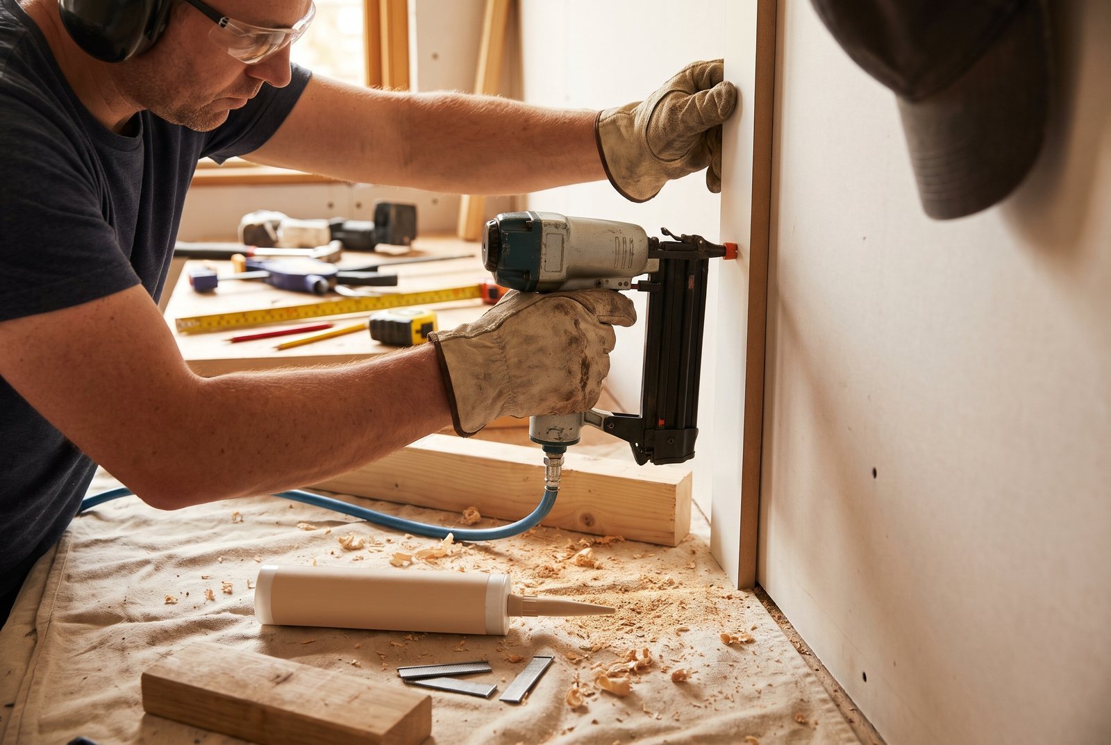 Hands using a brad nailer to attach a primed MDF board to a wall with construction adhesive nearby