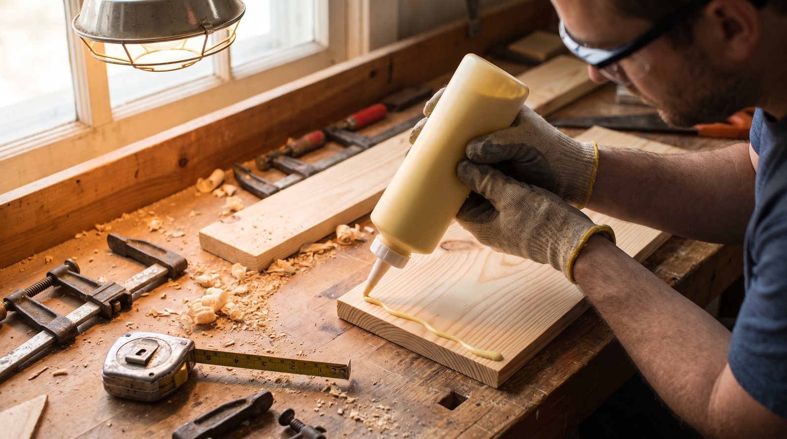Hands applying yellow wood glue along a pine board edge on a workshop bench with clamps nearby