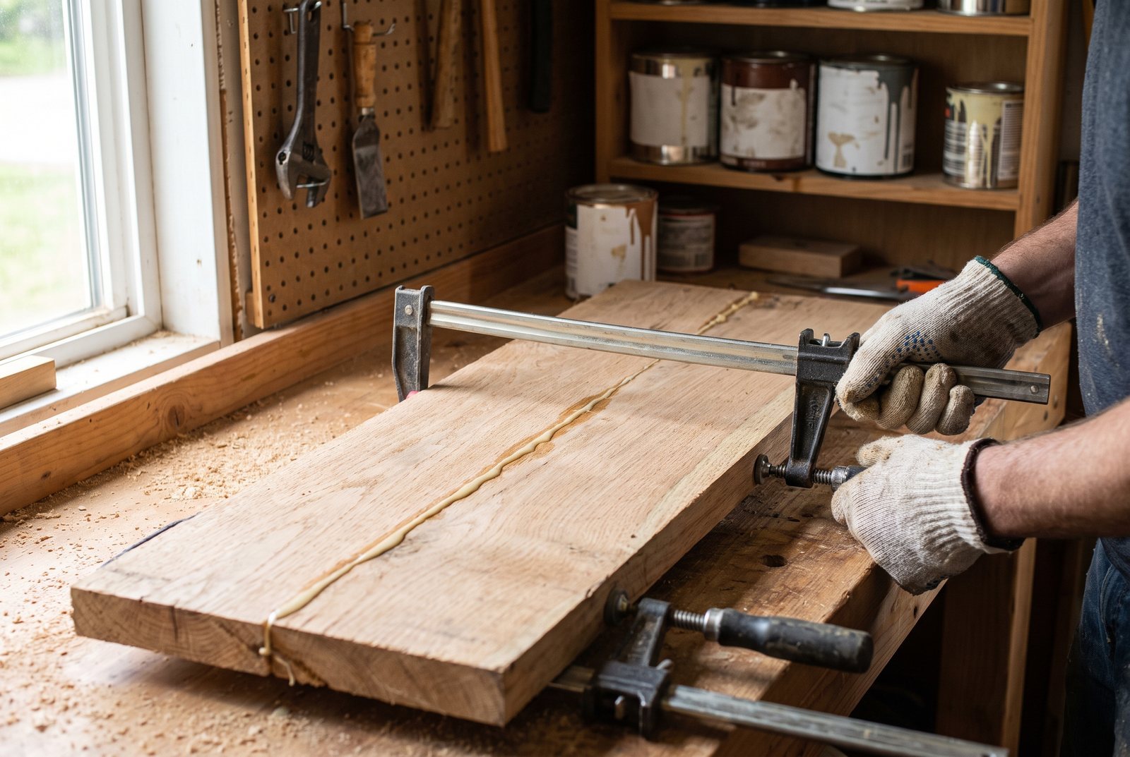 Two oak boards clamped together with bar clamps showing a thin line of glue squeeze-out along the joint