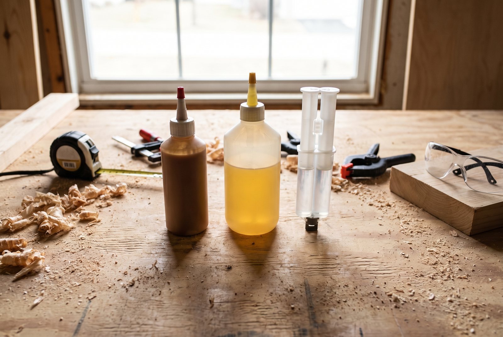 Three types of wood glue bottles arranged on a plywood workbench