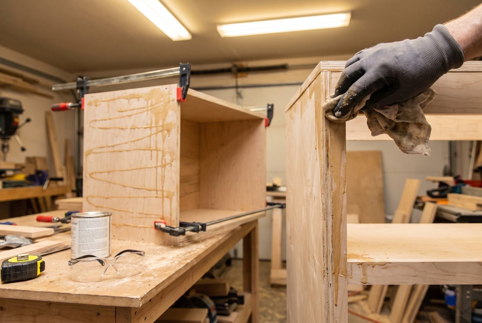 Hand wiping excess glue from a plywood cabinet corner joint with a damp rag