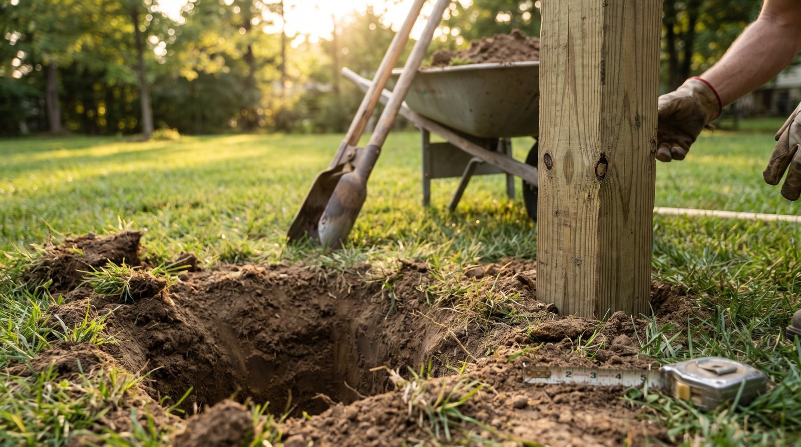 Freshly dug fence post hole in a backyard lawn with a 4x4 post and post hole digger nearby