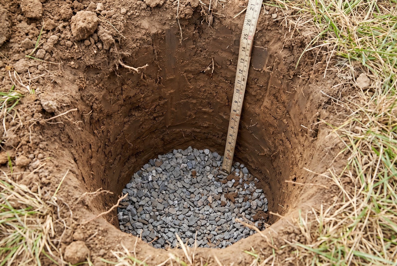 Overhead view into a fence post hole with gravel base and tape measure showing depth