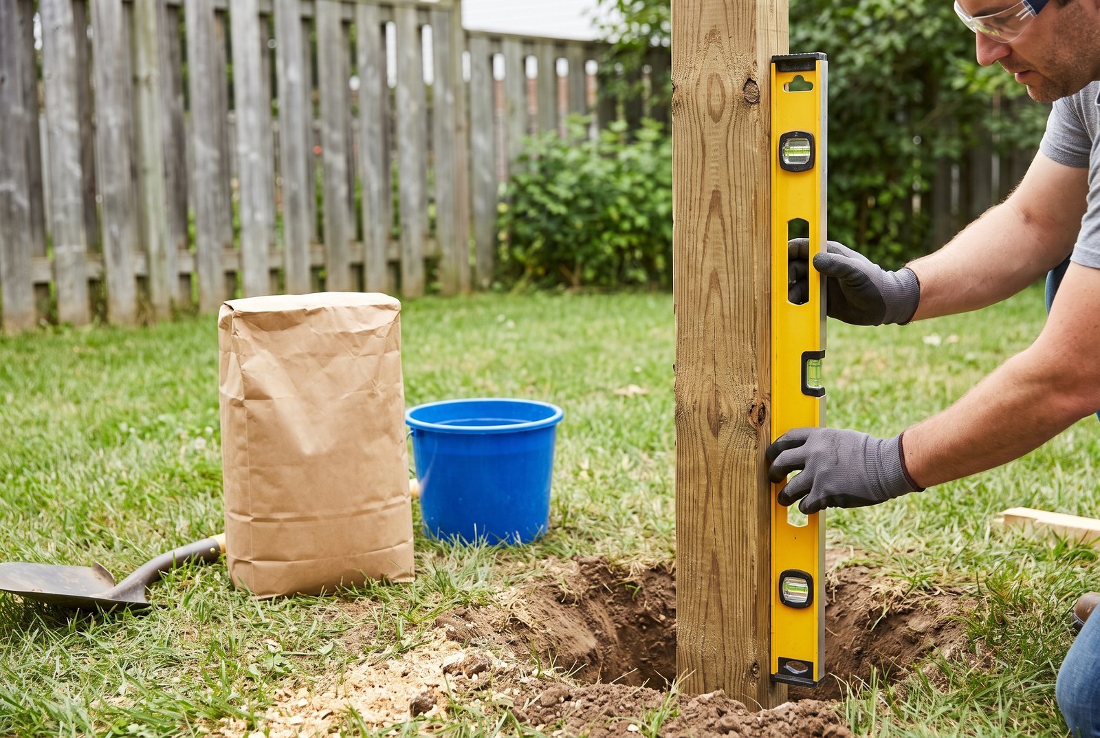 Fence post being checked for plumb with a spirit level before concrete is poured