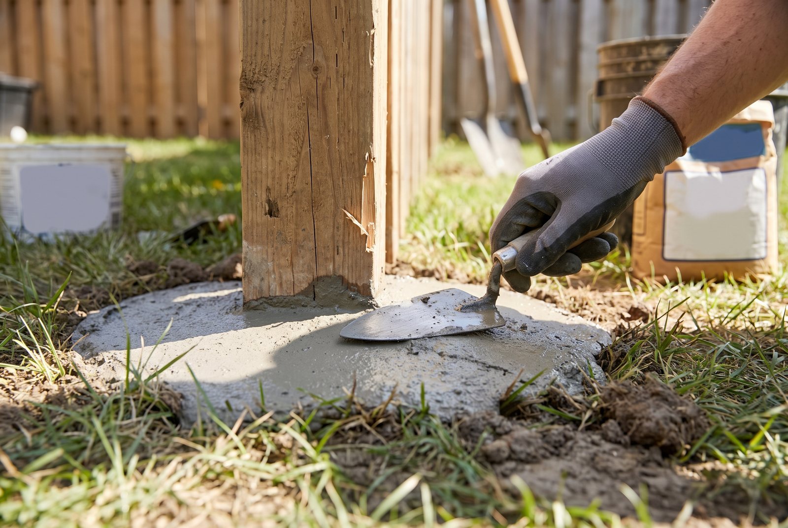 Wet concrete being sloped away from a fence post base with a trowel