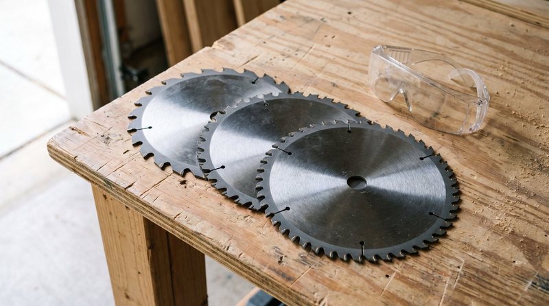 Three circular saw blades with different tooth counts laid out on a plywood workbench in a garage workshop
