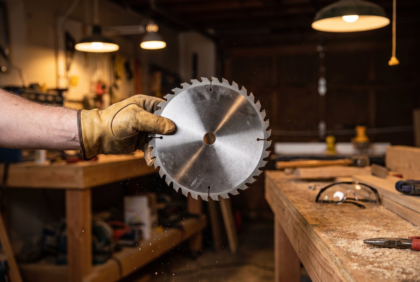 Hand holding a circular saw blade with carbide teeth visible against a workshop background