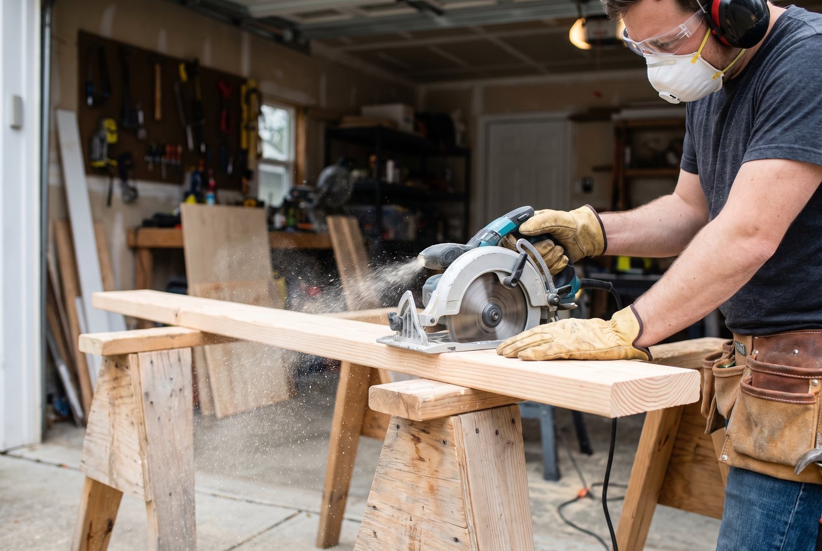 Circular saw cutting through a board on sawhorses with sawdust spraying from the cut