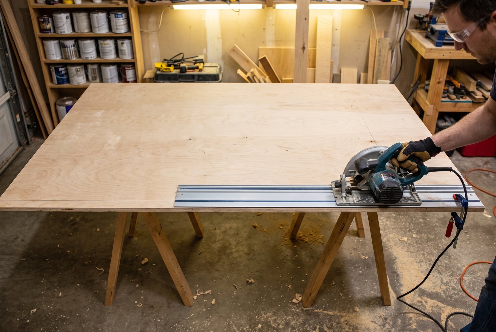 Circular saw aligned with a straight-edge guide clamped to a sheet of plywood on sawhorses