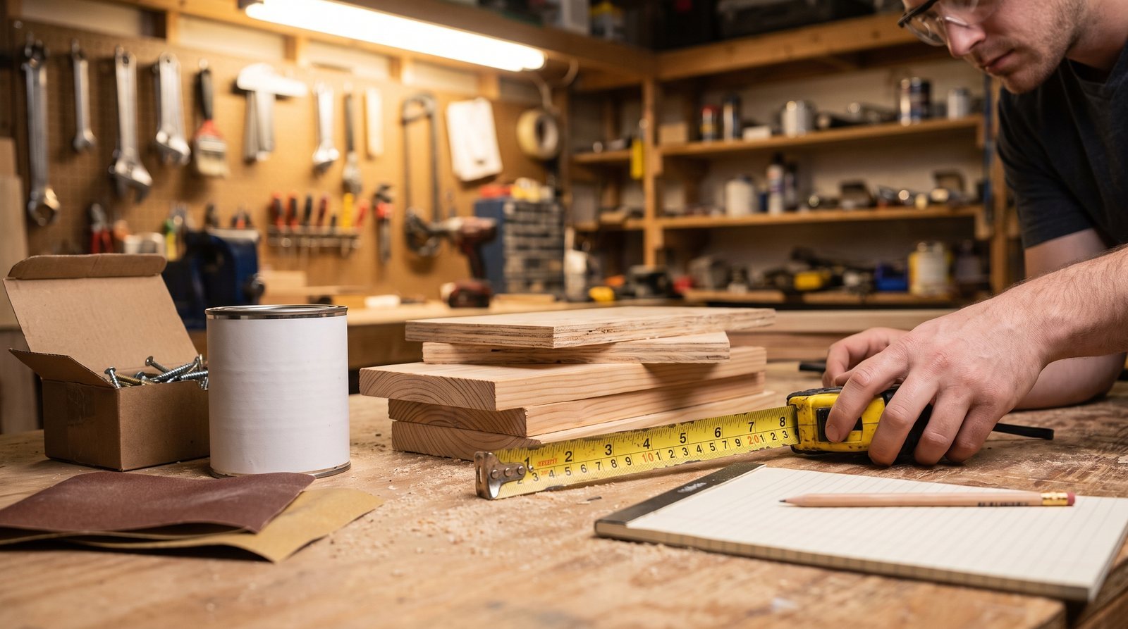 DIY project materials laid out on a garage workbench including plywood, screws, finish, and a tape measure
